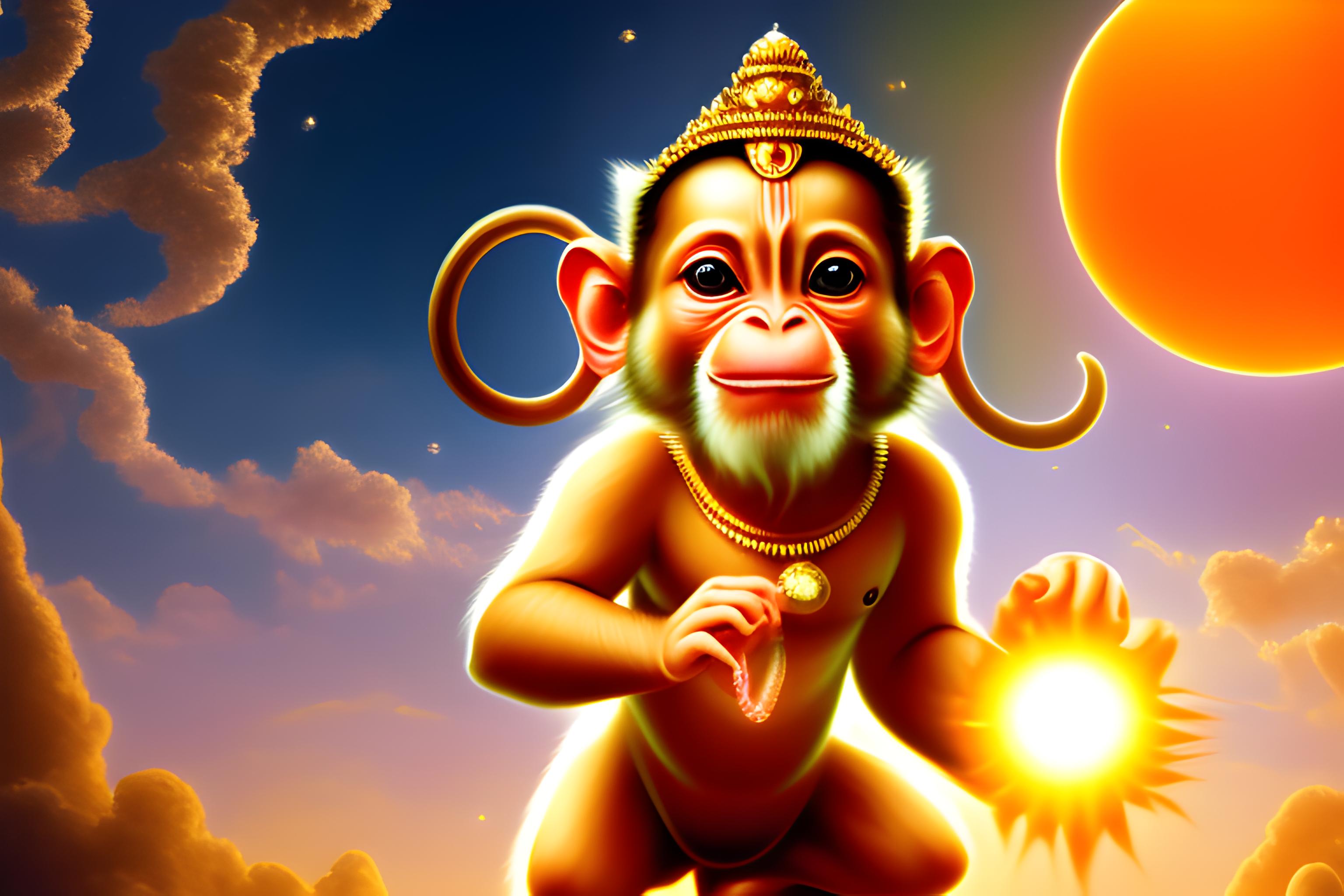  A cinematic, high-detail 3D animation style wallpaper of Baby Bal Hanuman flying through the vastn…